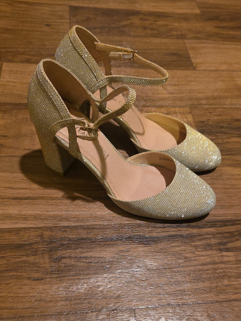 le chateau Gold Glitter Ankle-Strap Block Heels - Picture 1 of 5
